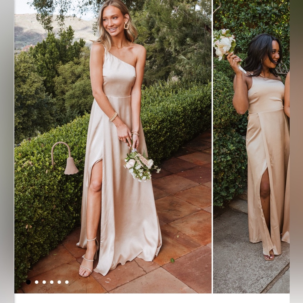 Show Me Your Mumu Shannon One Shoulder Dress in Champagne Luxe Satin M NWT